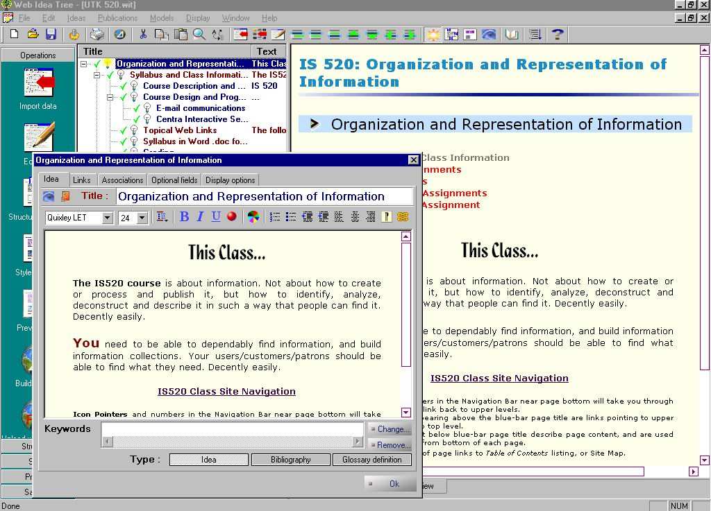 Figuur 1 - WebIdeaTree werkblad, tonende de 'idee' uitwerker gedeeltelijk bedekt door het tekstverwerkervenster, met bijbehorende pagina voorbeschouwing op rechterzijde van het scherm.